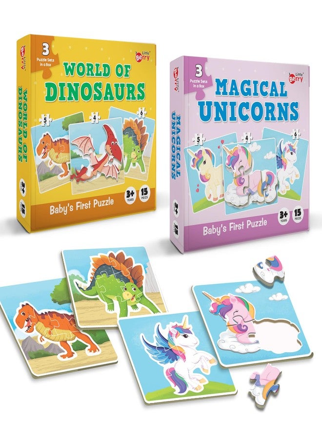 Little Berry Baby’s First Puzzle Game: Dinosaurs & Unicorns | Combo Set of 2 Cardboard Puzzles with 15pcs Each | Montessori Educational Toys for 2 3 4 Year Old Boys & Girls | Early Puzzle Set for Kids - Image 1